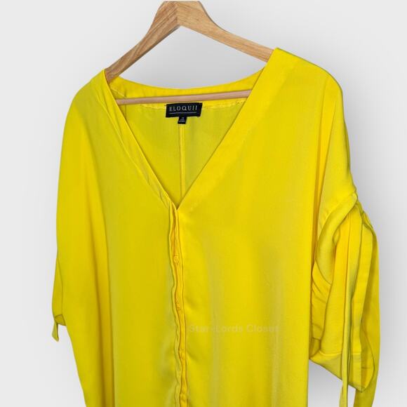 Eloquii Yellow V Neck Top 20 Short Sleeve Tie Detail Button Feminine Boho Look - Picture 6 of 9